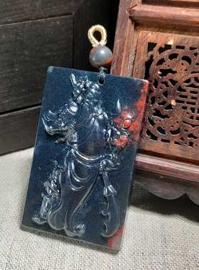 天然玉石原石雕刻黑金沙关公吊坠武财神玉佩项链霸气男士玉佩坠子