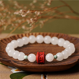羊脂白玉手串女朱砂六字箴言手链玉石和田玉珠子本命年礼物批发