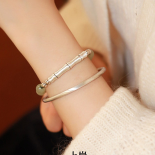 原创s925纯银竹节手链复古小众设计和田玉编织手绳 闻墨竹