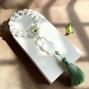 新中式 天然白水晶兔子手持挂件奶白冰晶可爱萌兔18子14颗手串男女