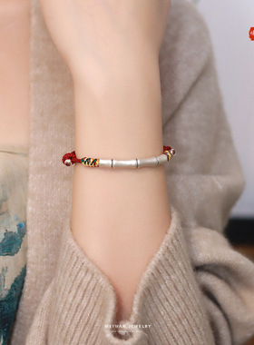 上岸竹节纯银蛇年本命年红绳手链