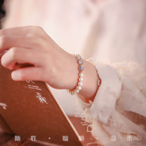 天然淡水珍珠手链女夏灰月光石太