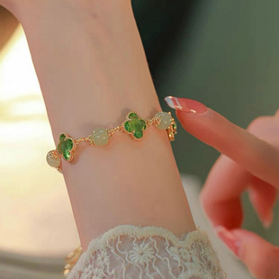 天然和田玉幸运四叶草手链女原创设计中国风小众设计闺女女友礼物