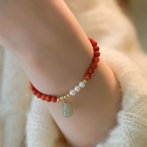新款网红直播同款天然朱砂和田玉葫芦手链红玛瑙珍珠手饰送女友闺
