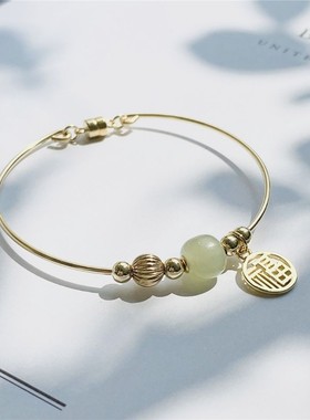新款简约时尚仿金福牌如意手镯和田玉复古气质手链送闺蜜学生