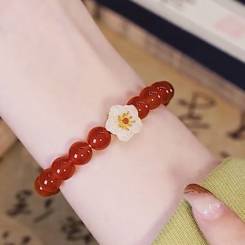 鸿运花朵天然红玛瑙玉髓手链花红色手串新中式多样网红同款手饰礼