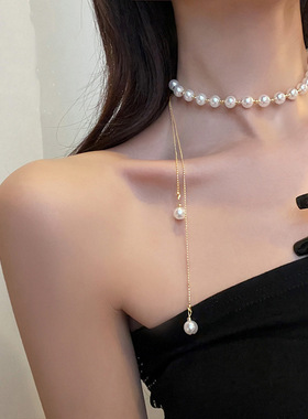 2021年新款韩国名媛风珍珠颈链抽拉式时尚项链女小众设计感choker