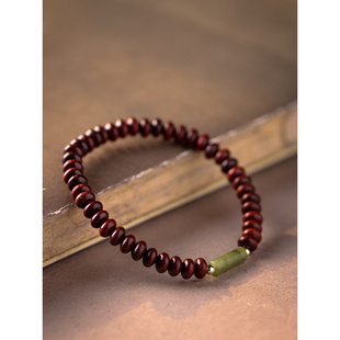 印度小叶紫檀细款 橄榄玉白水晶手链女文艺优雅单圈佛珠檀香木手串