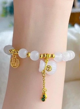 新款网红古风福袋手链竹节白玉流苏福牌手串招财新中式手饰送闺密