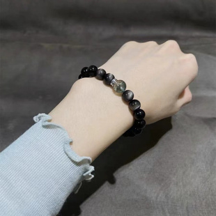 发光森林天然水晶黑耀石绿幽灵银手串珠手链男女款 轻奢小众精致