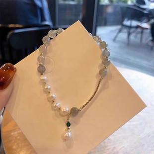 韩国不规则巴洛克淡水真珍珠手链石榴石头女酒红色简洁手串饰品