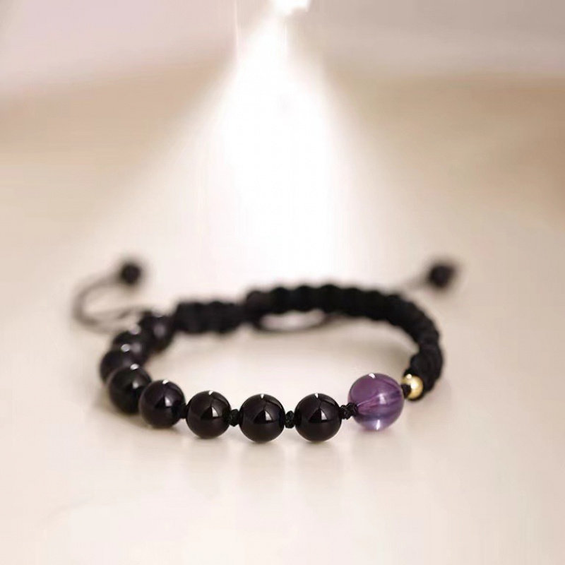 天然黑曜石手链男紫水晶女手绳手