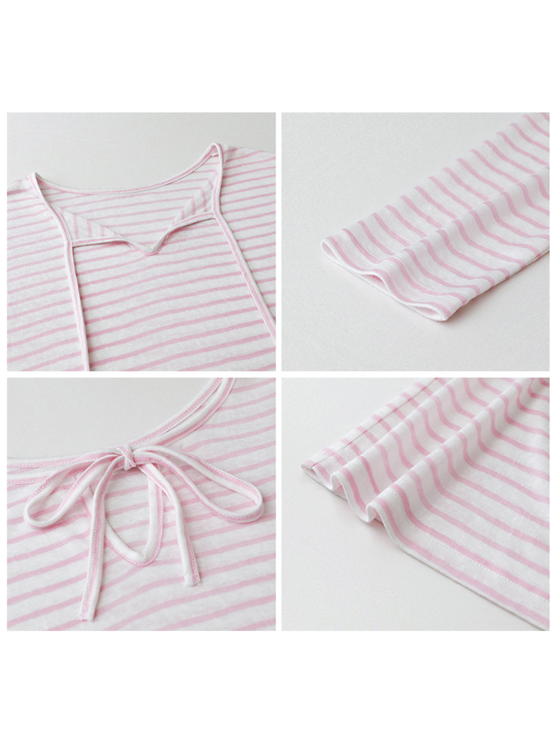Pink and white striped loungewear top with tie detail shown in close-up views
