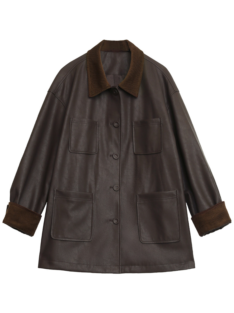 Dark brown leather-look coat with corduroy collar and cuffs on a white background