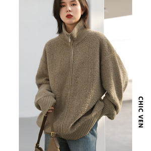 CHICVEN「万物疏离」韩版宽松立领双拉链保暖毛衣开衫外套冬新款