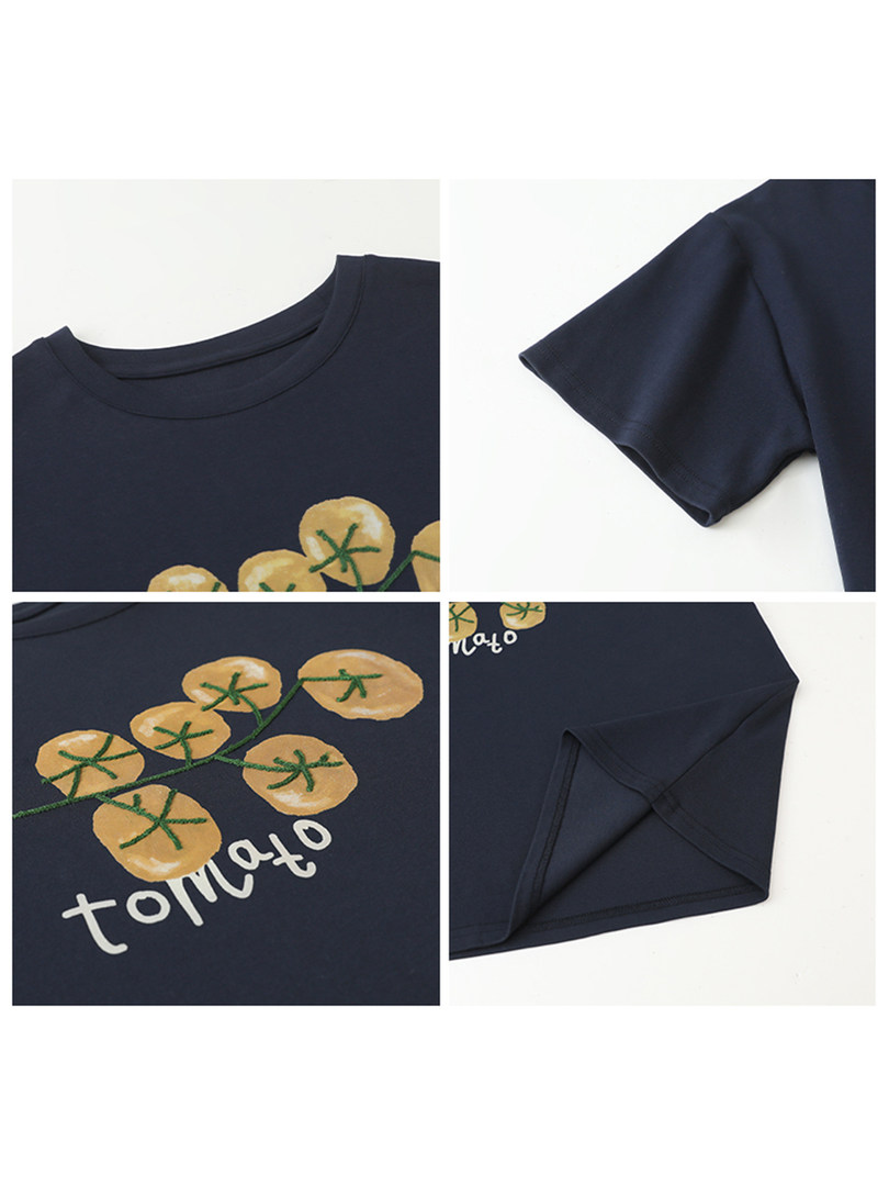 Navy graphic T-shirt with tomato print laid flat