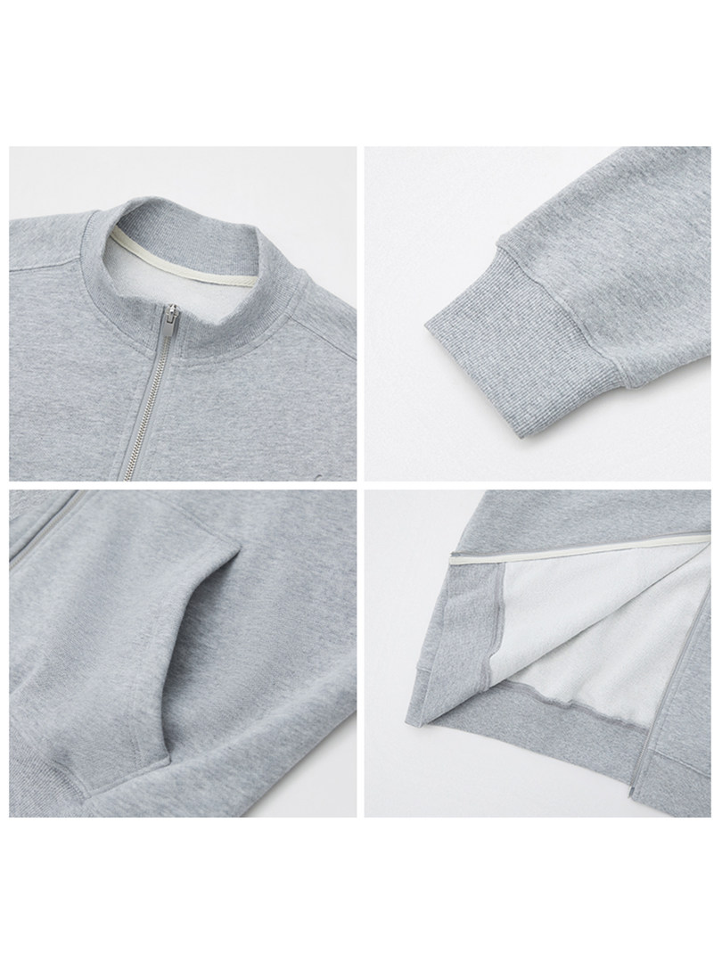 Light gray zip-up sweatshirt shown in multiple close-up views
