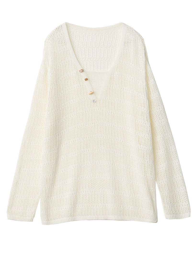 Cream knit long-sleeve V-neck sweater laid flat on a white background
