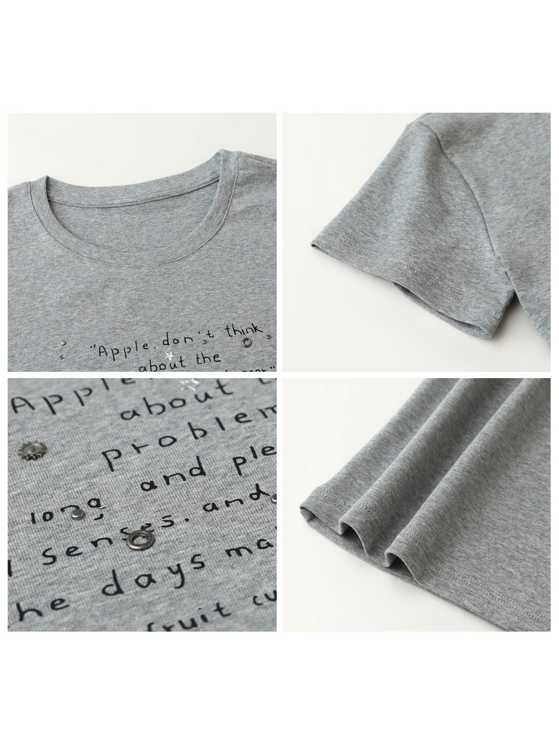 Gray short-sleeve printed T-shirt shown in multiple close-up views