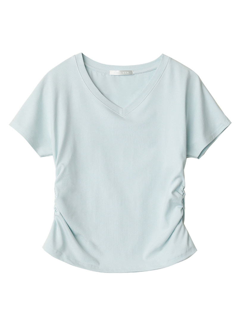 Light blue short-sleeve V-neck shirt on a white background