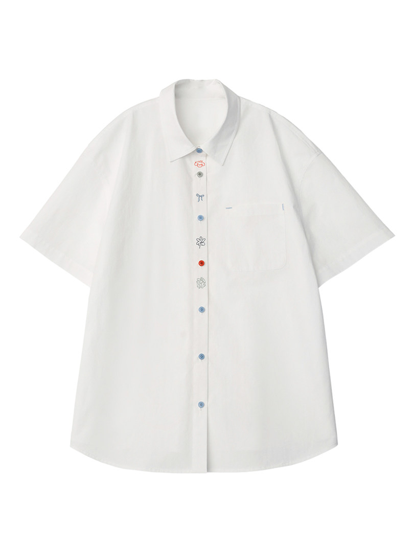 White short-sleeve button-up shirt laid flat on a white background