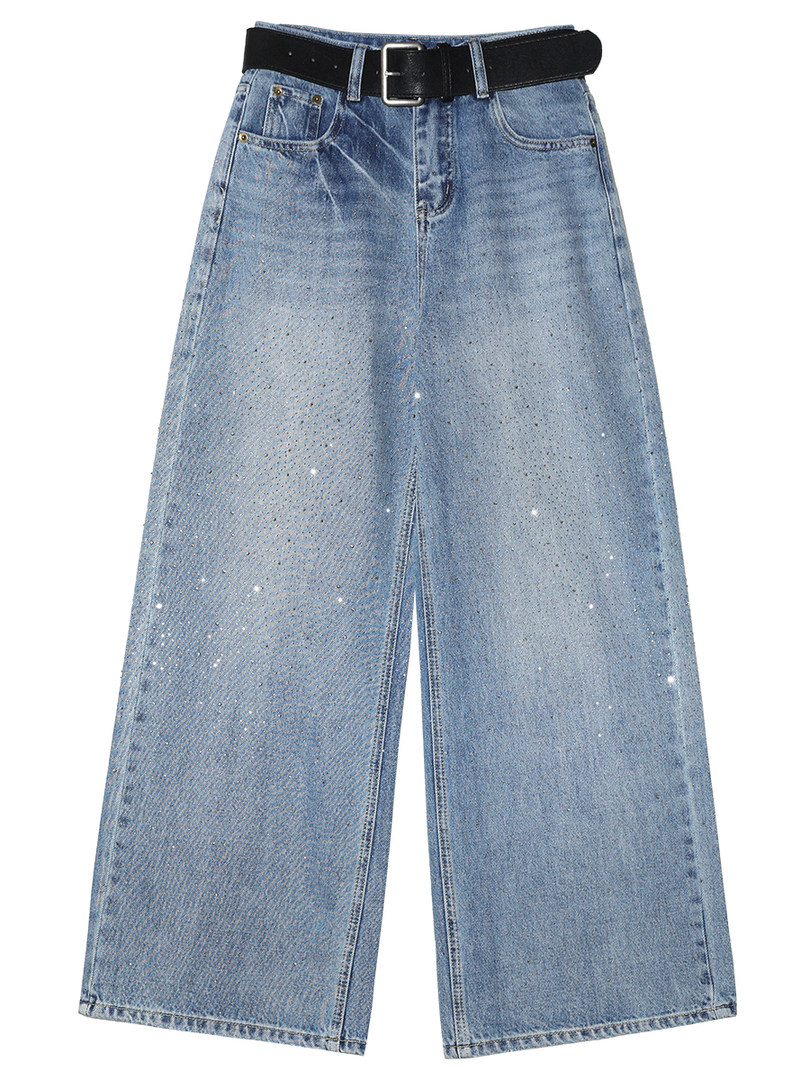 Light-wash wide-leg denim jeans with a black belt on a white background