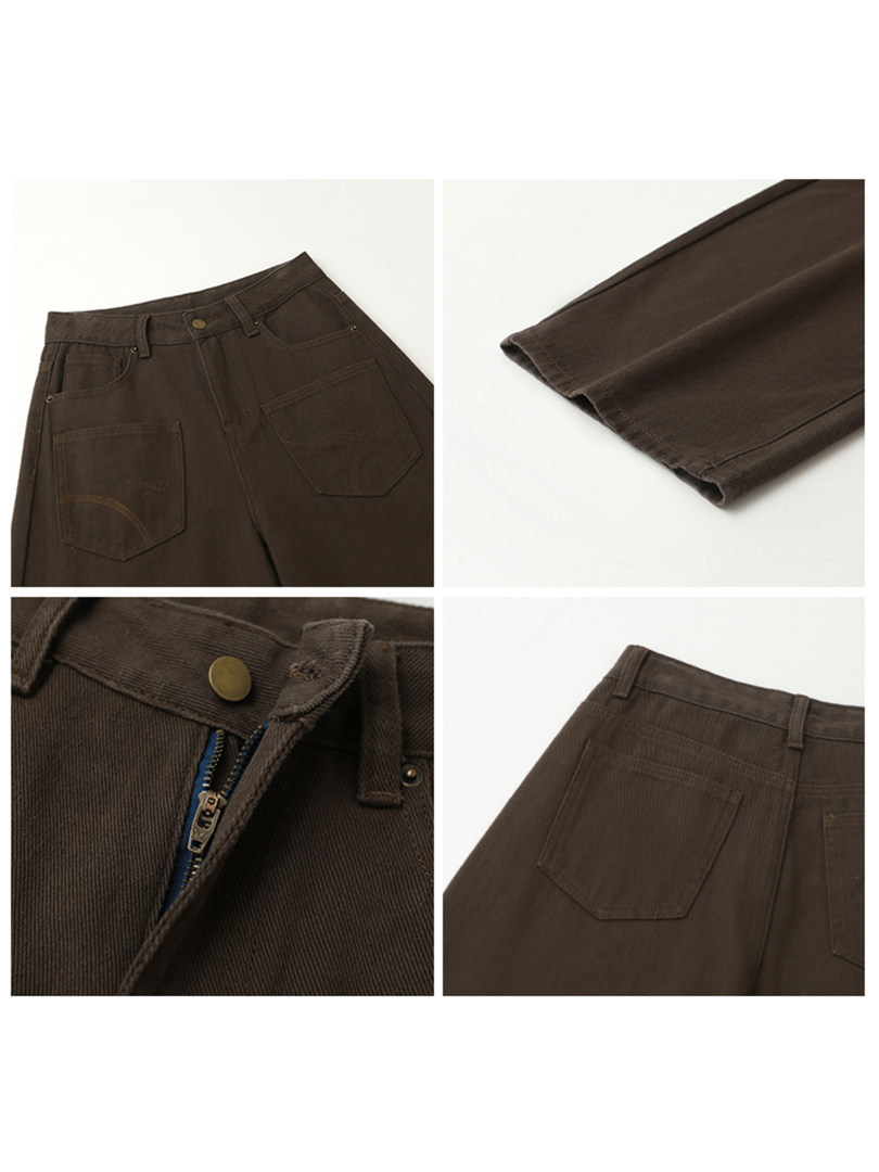 Brown pants shown in multiple flat-lay detail views
