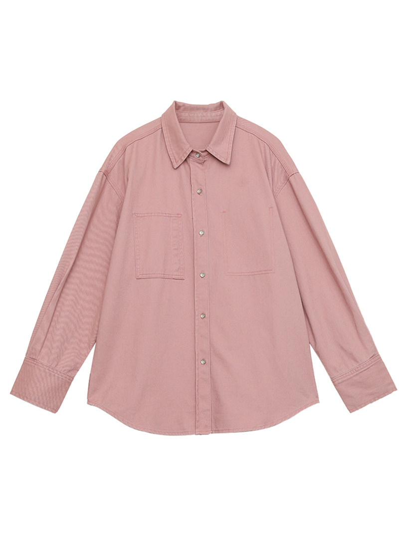 Pink long-sleeve button-up shirt laid flat on a white background