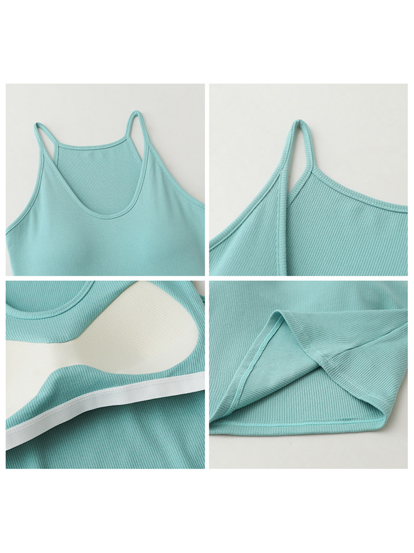 Light blue ribbed spaghetti-strap crop top shown in multiple close-up views