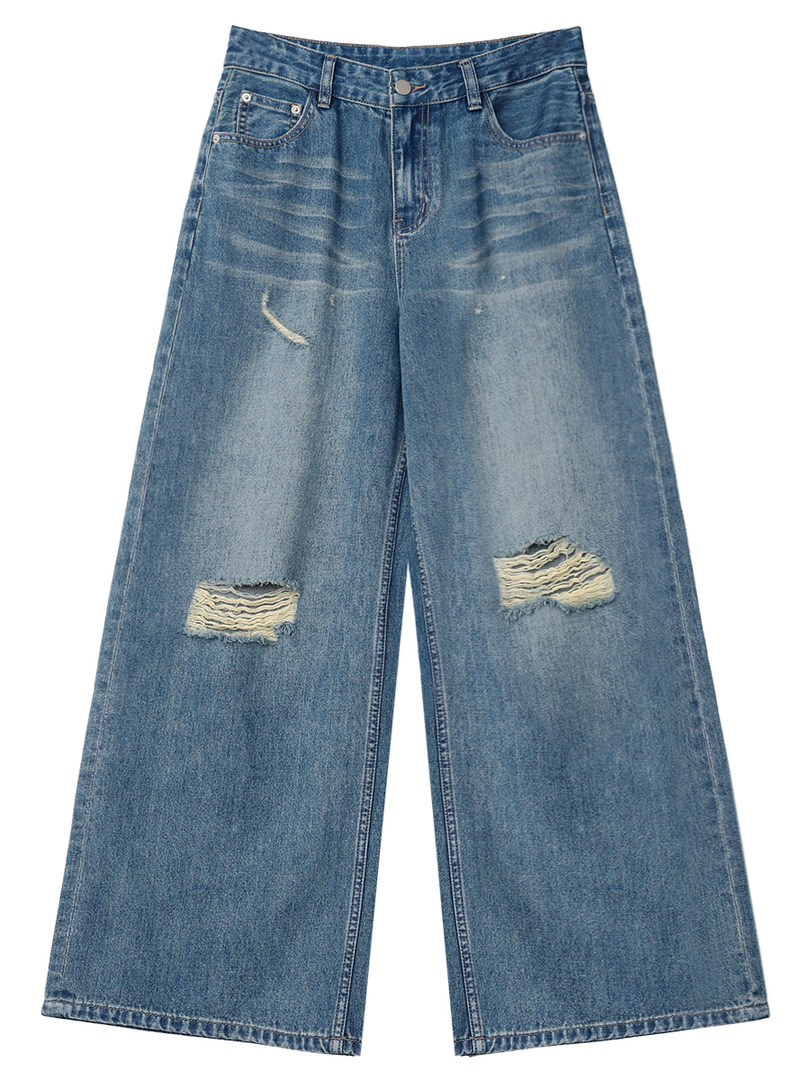 Wide-leg distressed blue denim jeans on a white background