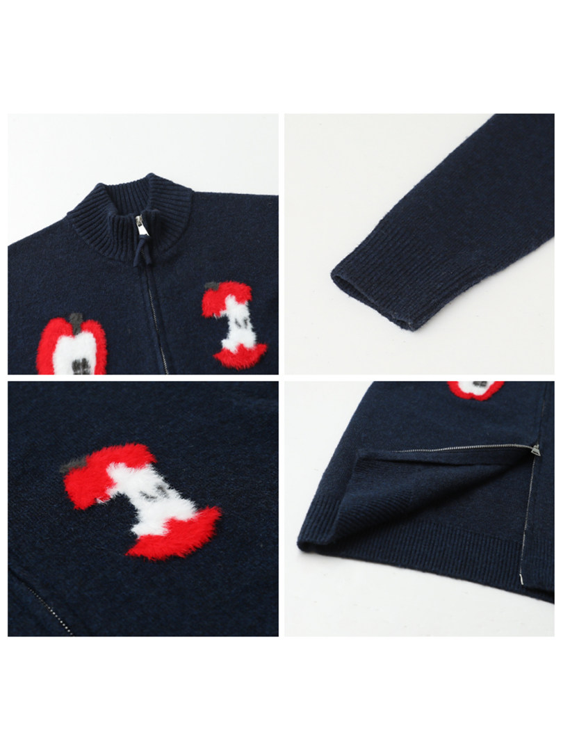 Navy knit zip-up sweater with red and white fuzzy number detail