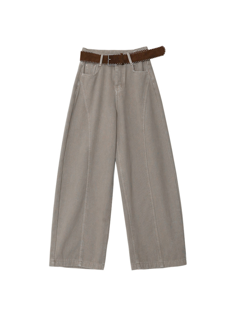 Gray wide-leg pants with a brown belt on a white background