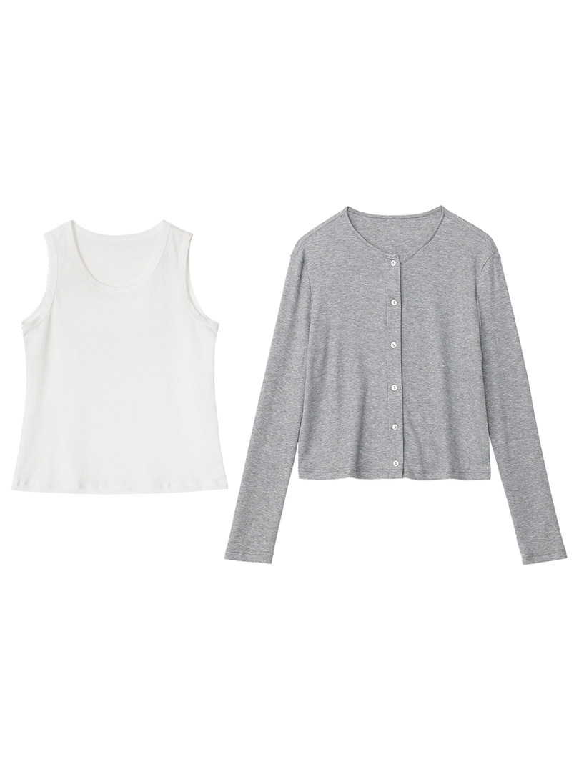 White sleeveless tank top and gray button-front cardigan on a white background