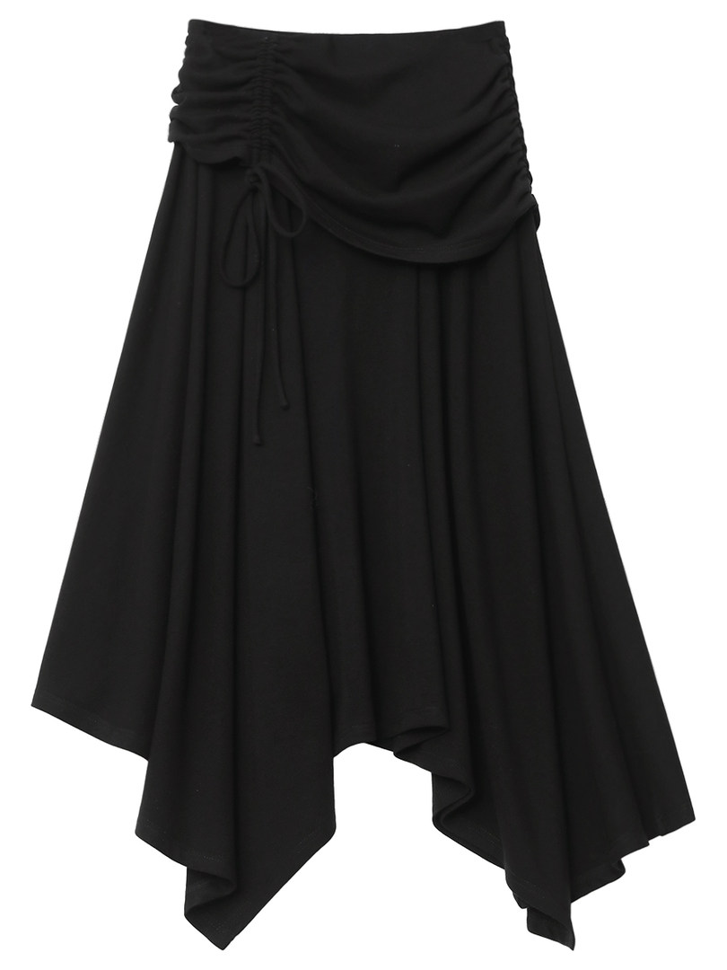 Black asymmetrical draped skirt on a white background
