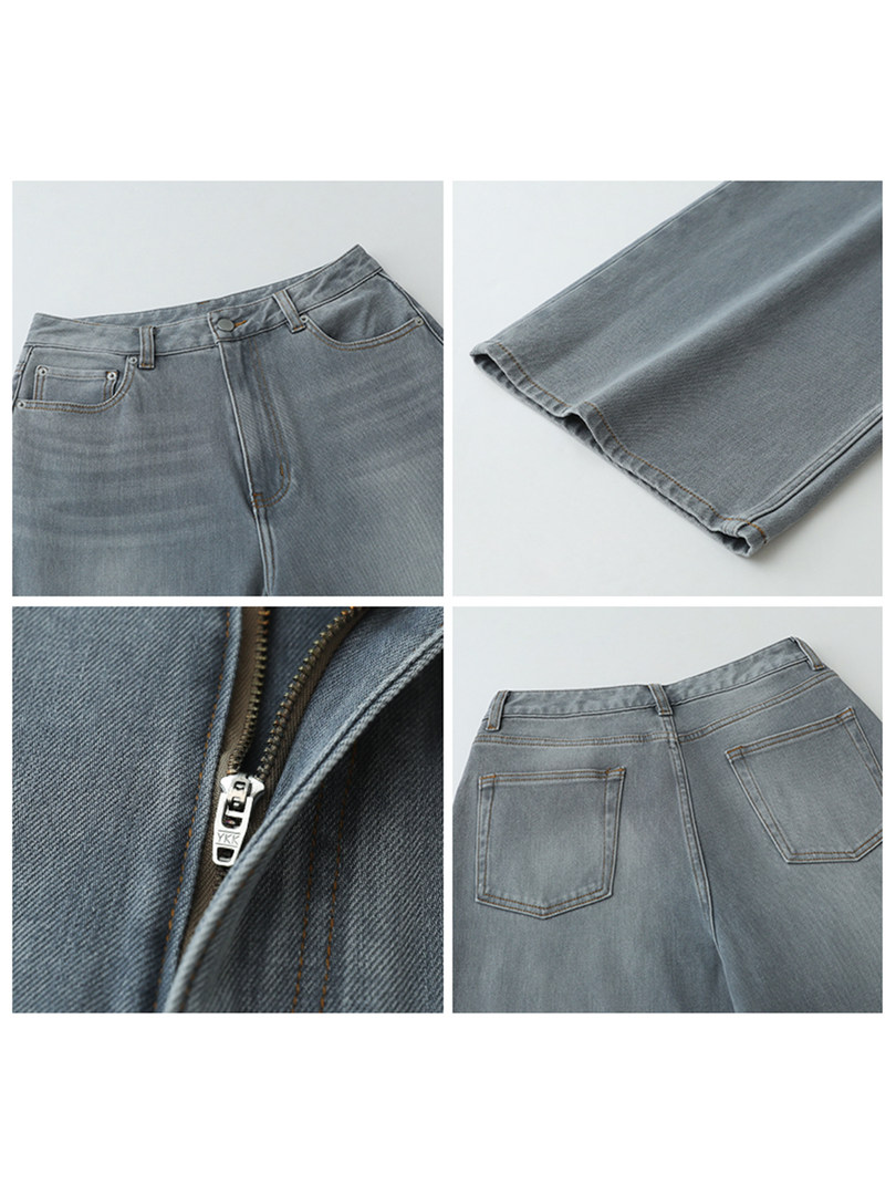 Gray denim jeans shown in multiple close-up views with front, back, and zipper details