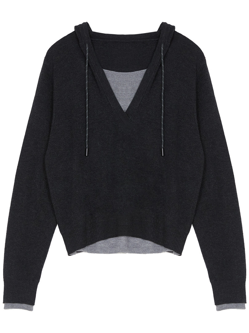 Black hooded pullover sweater laid flat on a white background