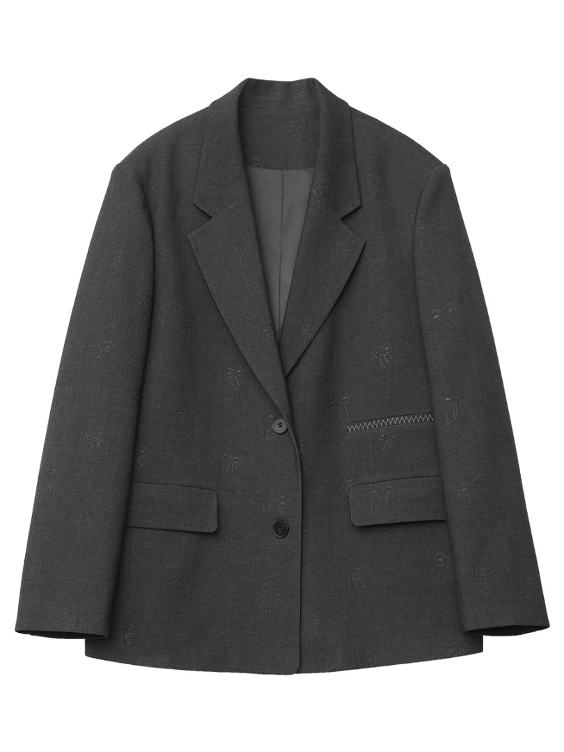 Dark charcoal blazer jacket laid flat on a white background