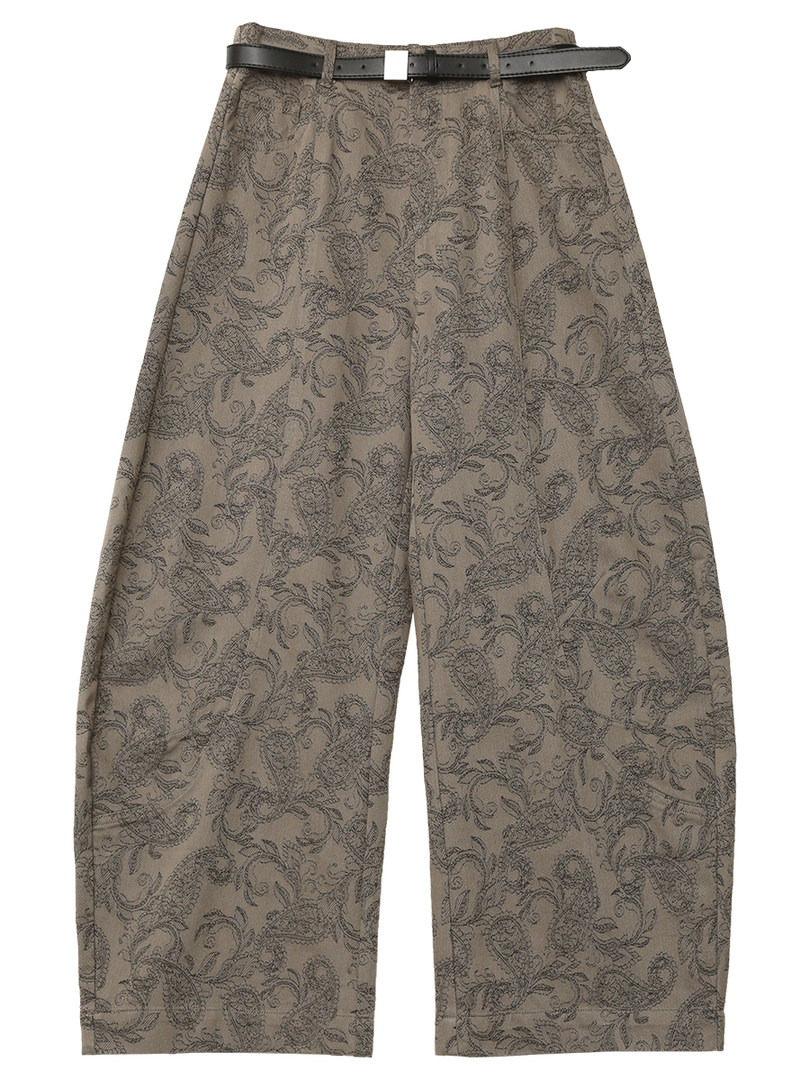 Paisley print wide-leg pants with a black belt on a white background