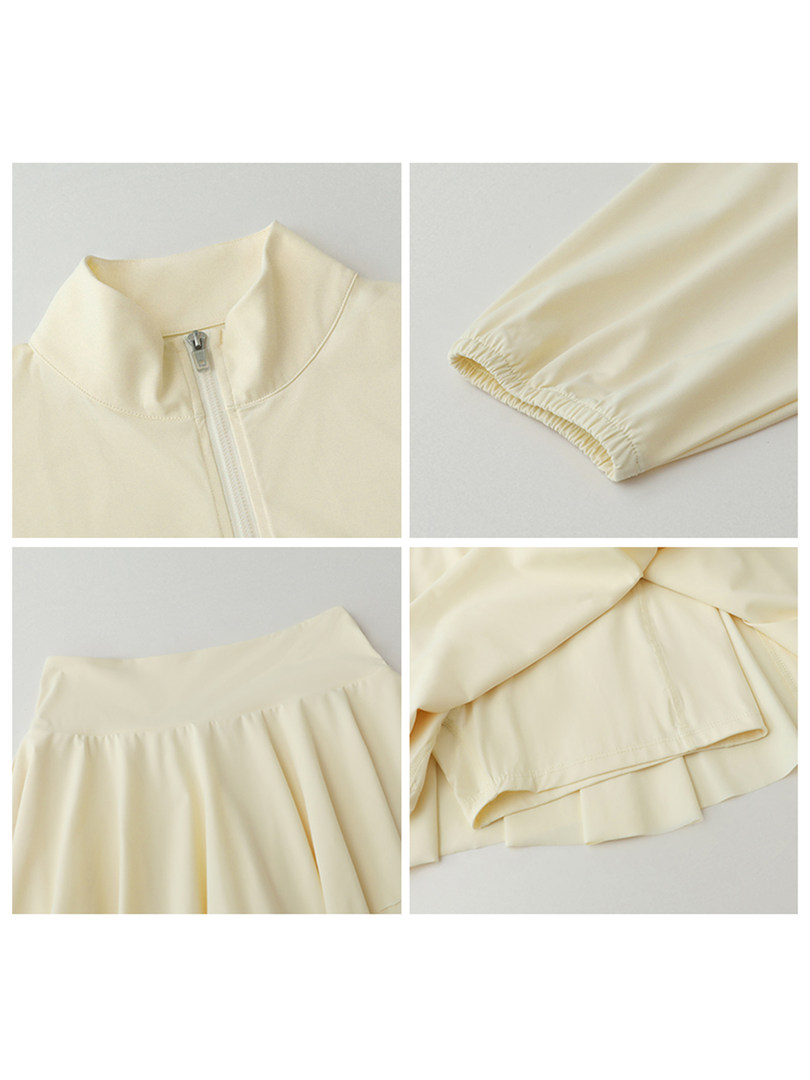Cream-colored apparel detail collage showing a zip-up collar, elastic cuff, and pleated hem
