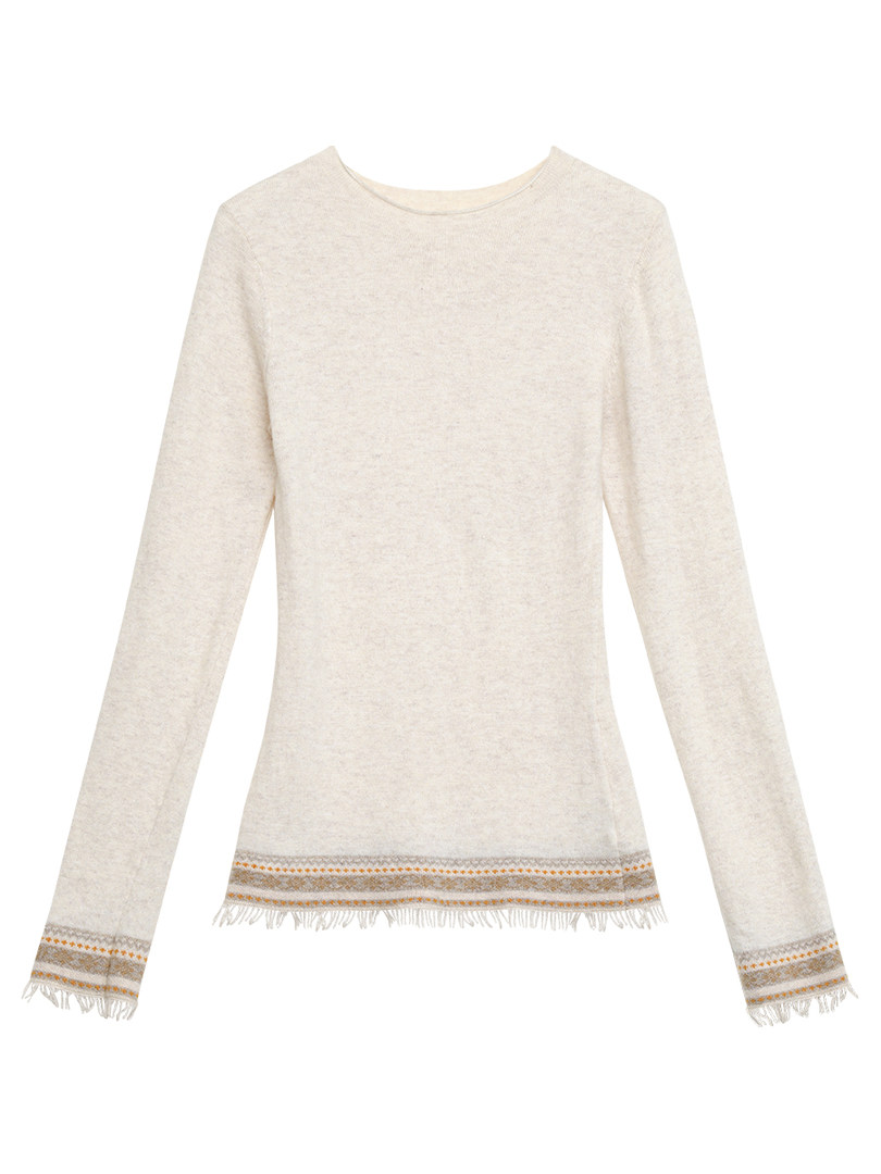 Cream long-sleeve sweater with patterned fringe trim