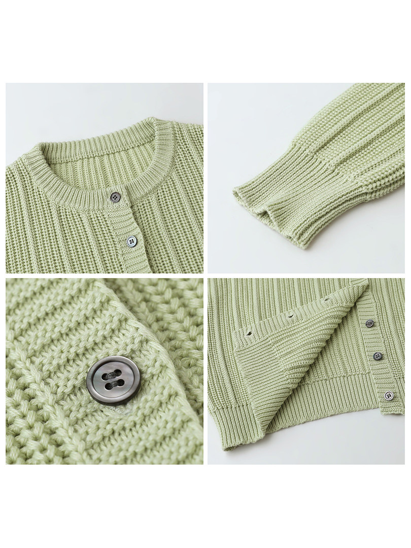 Light green knitted button-front cardigan shown in flat lay detail shots