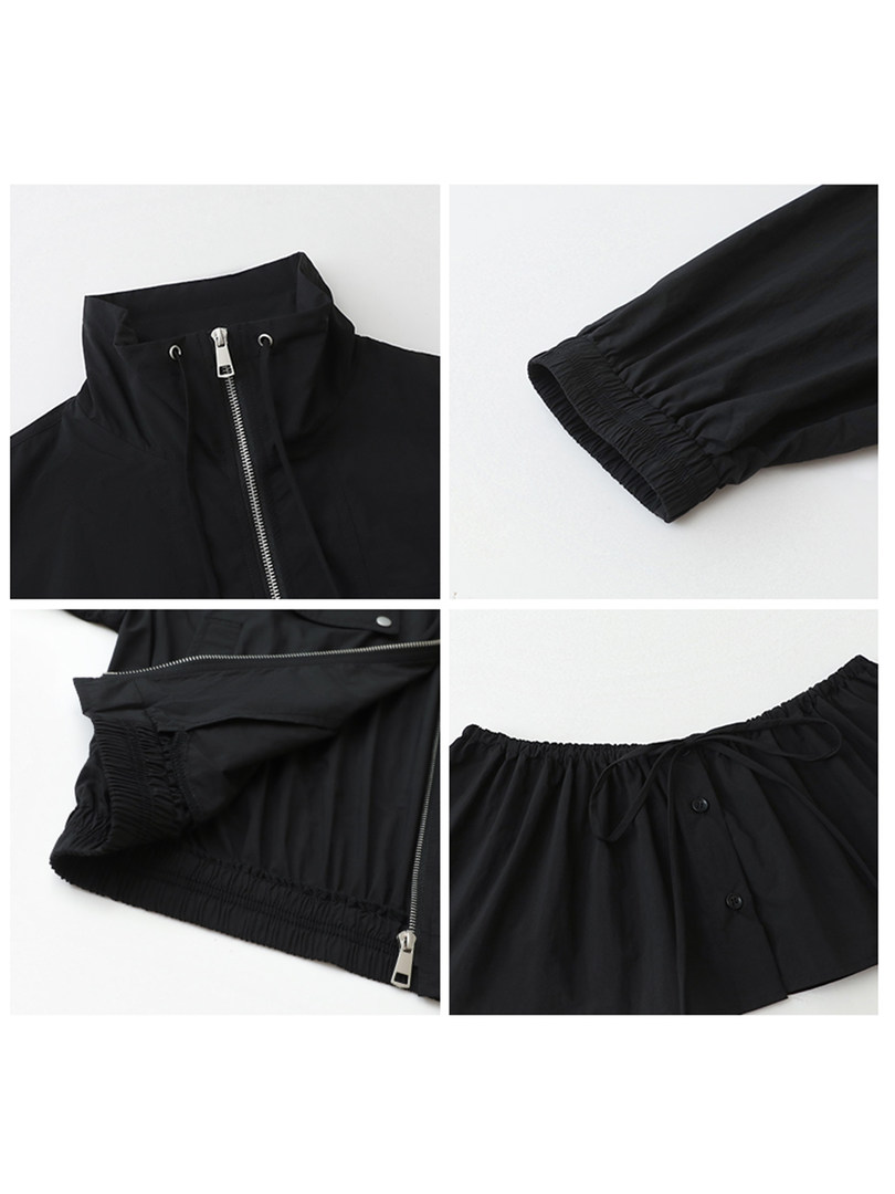Black zip-up jacket shown in close-up detail shots on a white background