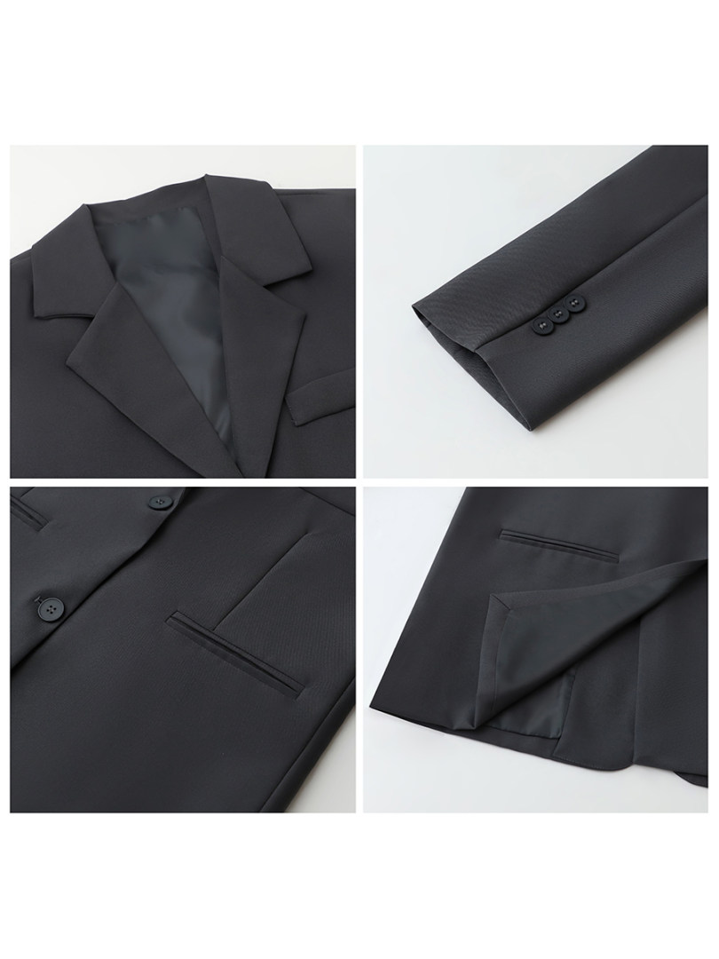 Black blazer jacket shown in flat-lay close-up views