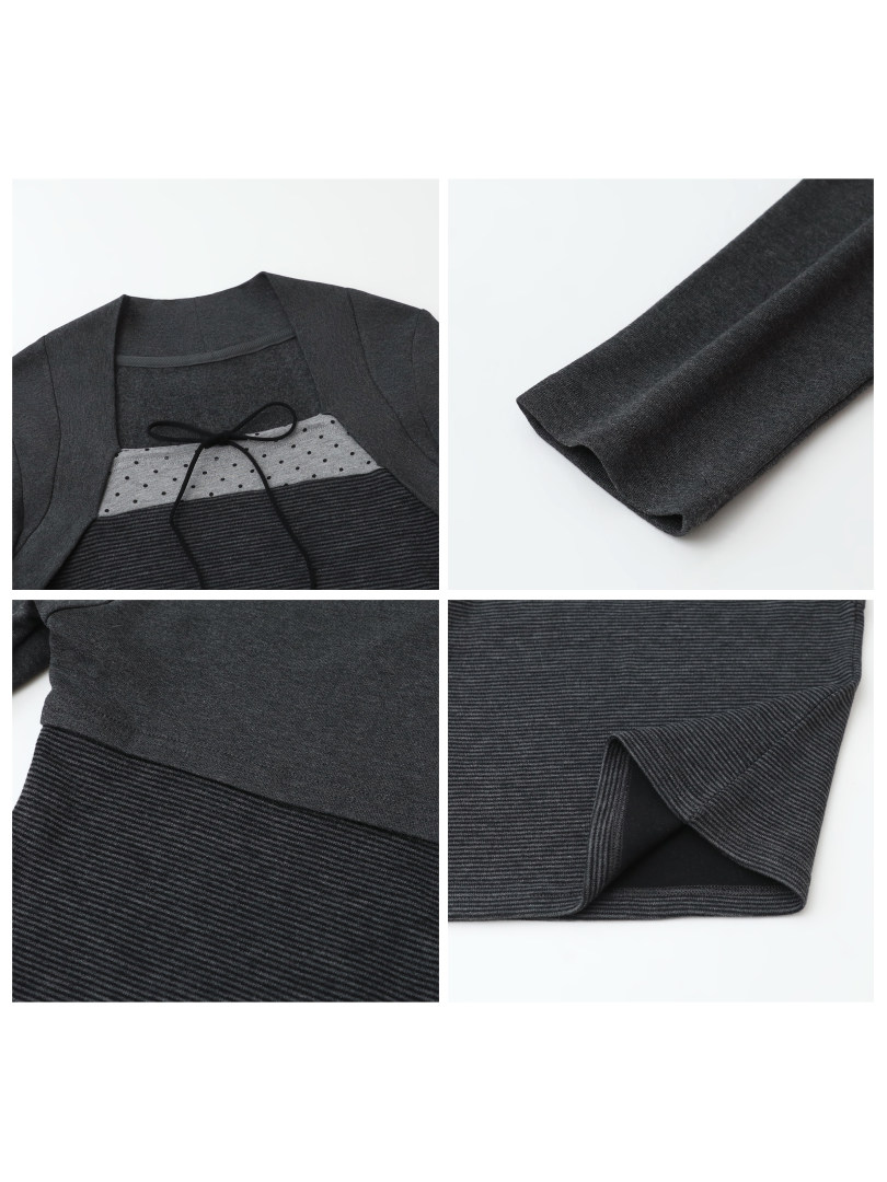 Dark gray knit long-sleeve garment with textured panel details shown in close-up views