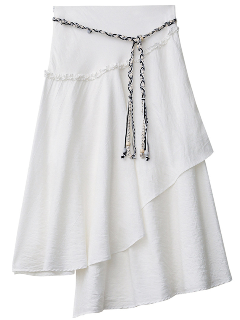 White asymmetrical layered skirt with braided belt detail