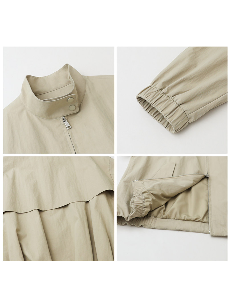 Beige lightweight jacket shown in close-up detail shots
