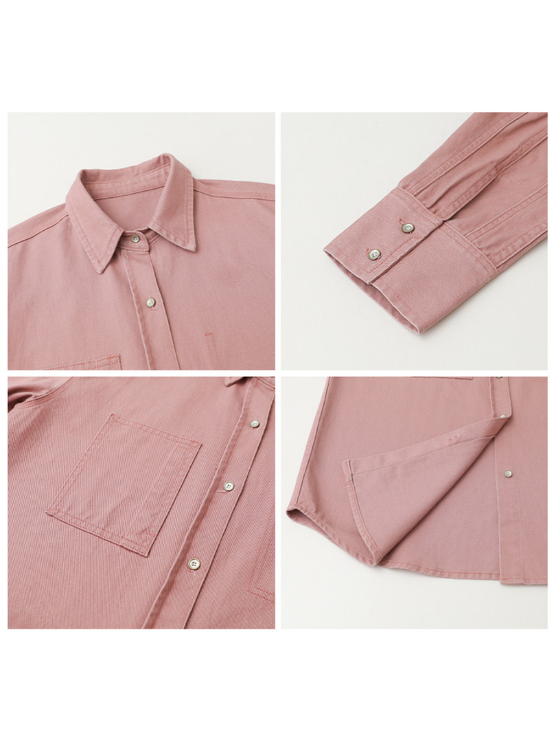 Pink long-sleeve button-up shirt shown in flat lay close-ups