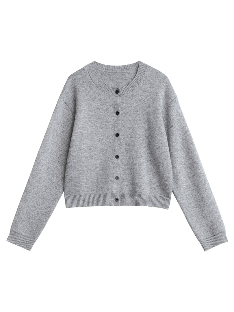 Gray button-front cardigan sweater laid flat on a white background
