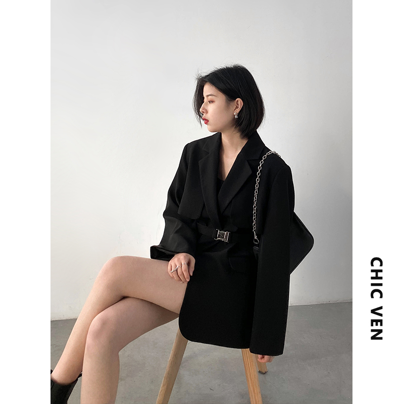 CHICVEN早春「街头自由者」气质收腰中长款西装外套女 设计感西服