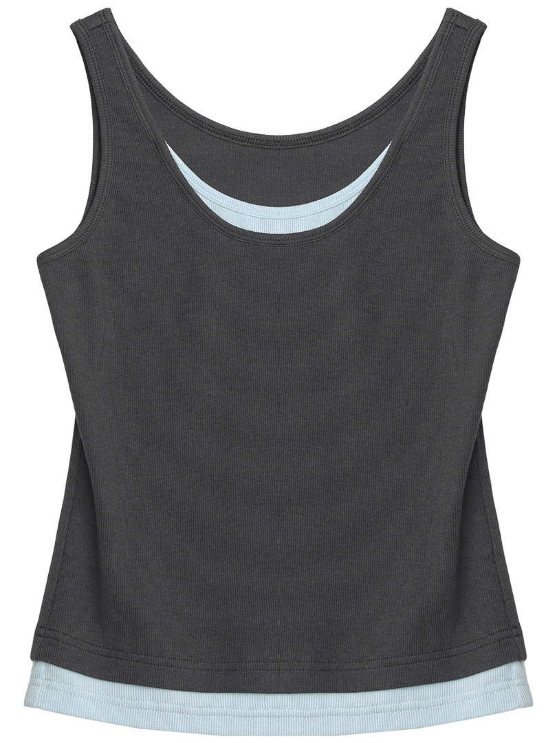 Dark gray sleeveless tank top with light blue trim on a white background